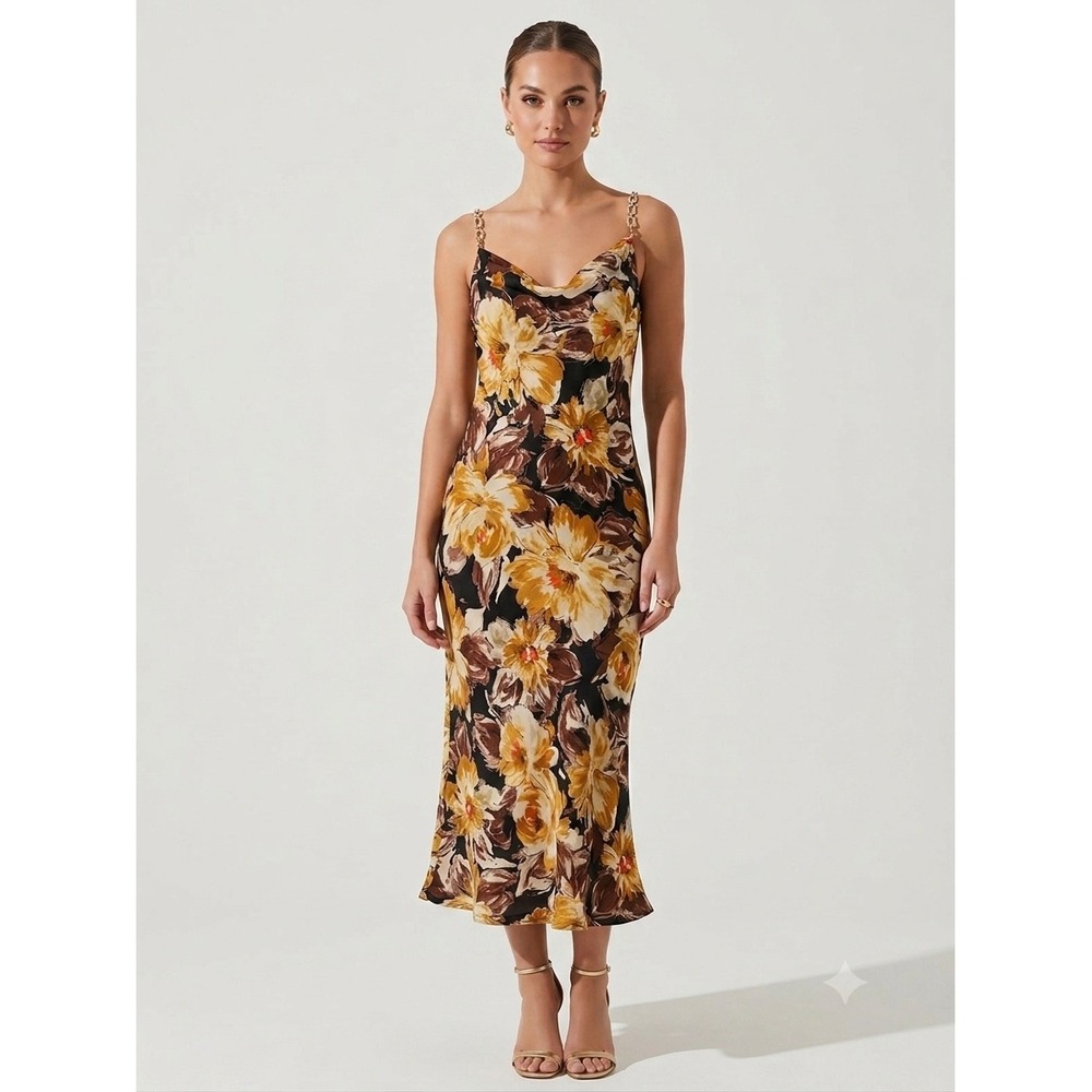 Sara Michelle Flowy Floral Cowl Neck Maxi Slip Dress Y2K‎ Rhinestone Straps S